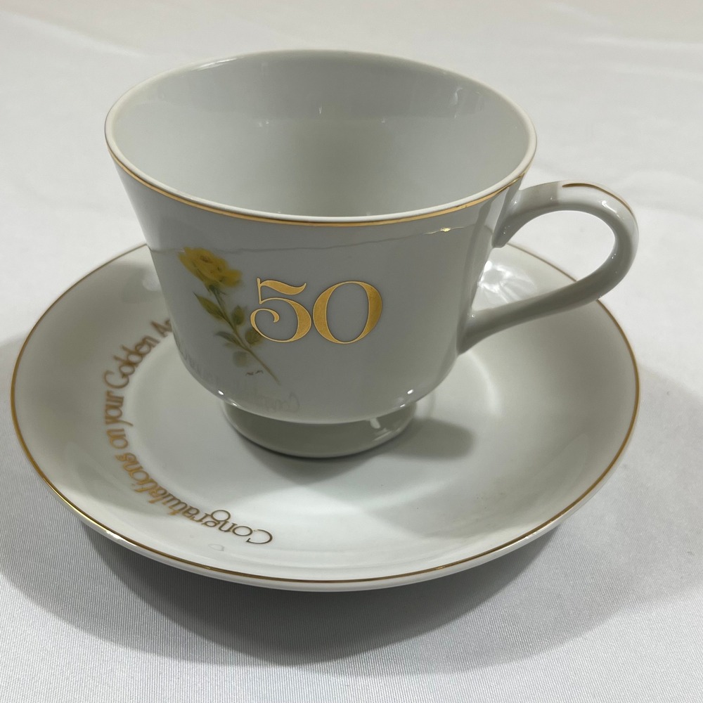 Designers Collection Tea Cup Saucer Set White Golden 50th Anniversary